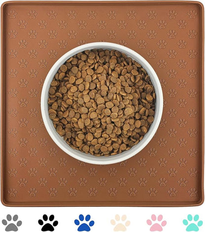 Ptlom Pet Placemat for Dog and Cat, Waterproof Silicone Pet Feeding Bowl Mats for Food and Water, Small Medium Large Dogs Mat Prevent Residues from Spilling to Floor, Brown, 11.8"x11.8"