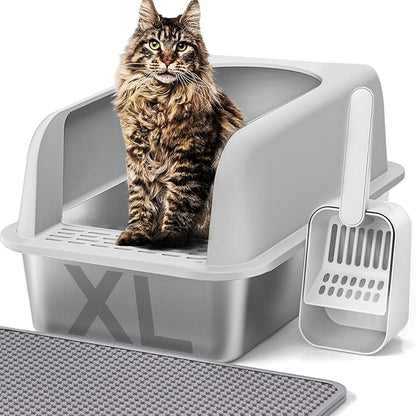 Henkelion Stainless Steel Cat Litter Box with Lid, 24" L x 16" W x 11.8" H, Extra Large Litter Box for Big Cats with High Sided, Anti-Urine Leakage, Easy Cleaning, Include Cat Mat and Scoop