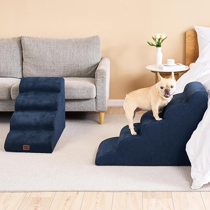 EHEYCIGA Curved Dog Stairs Ramp for High Beds 19.7" H, 4-Step Dog Steps for Small Dogs and Cats, Pet Stairs for High Bed Climbing, Non-Slip Balanced Pet Step Indoor, Navy