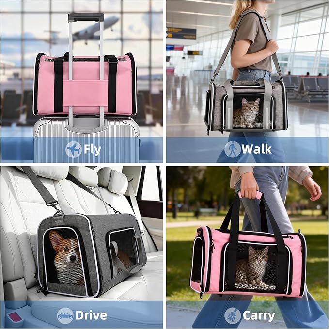 Airline Approved Cat Carrier, Soft Sided Pet Carrier for Small Dogs Cats up to 15lbs, Collapsible Sturdy Cat Travel Carrier, Claw-Resistant Mesh & Self-Locking Zippers (17.7x10.8x11) (Grey)