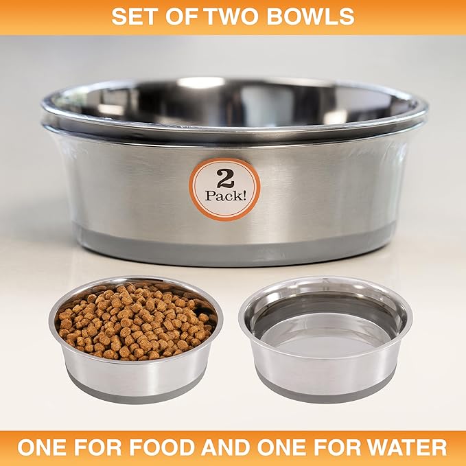 Neater Pet Brands Stainless Steel Dog Bowls with Non-Slip Rubber Bottom – 3 Cup (24 oz), Gray - Set of 2 Heavy Duty Metal Dog Bowls, Dishwasher Safe, Food or Water Bowl, Ideal for Small to Medium Dogs