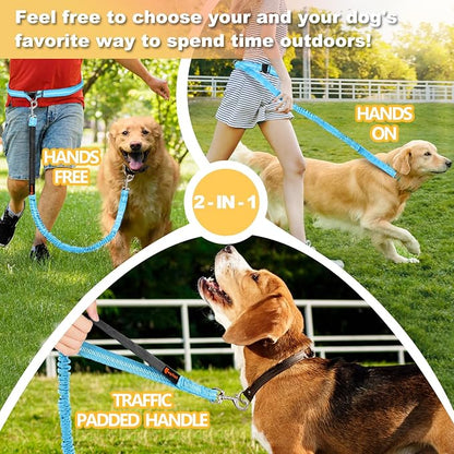 Hands Free Dog Leash, Adjustable Waist Leash for Dog Walking, Dual Handle Bungee Dog 4.2-6.7 Feet Long with Reflective Stitches for Walking Hiking Running, Fits 26"- 43" Inch Waist, Blue