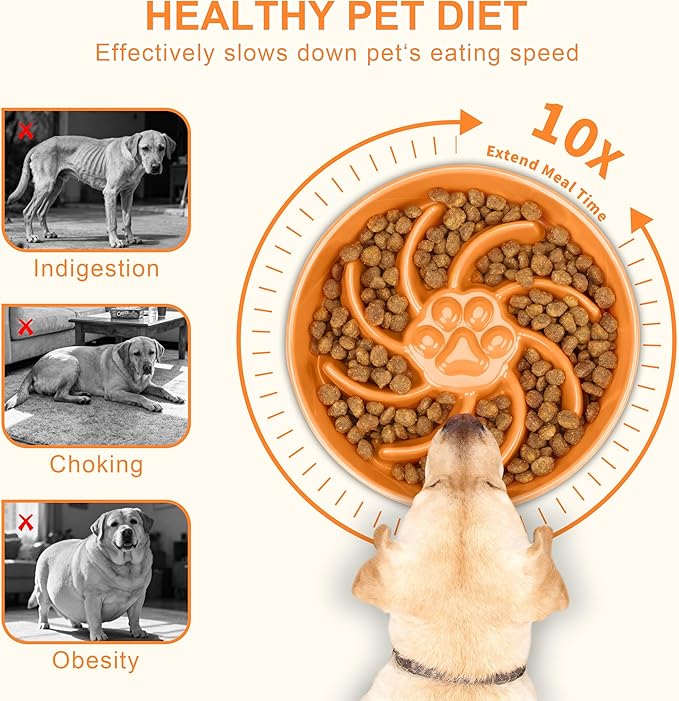Ceramic Slow Feeder Dog Bowl, 1.5 Cup Dog Food or 20oz Water, Slow Eating Bowl for Small Breed, Maze Puzzle Feeder for Fast Eaters, Anti-Choking Stop Bloat, Non-Slip BPA Free (Orange)