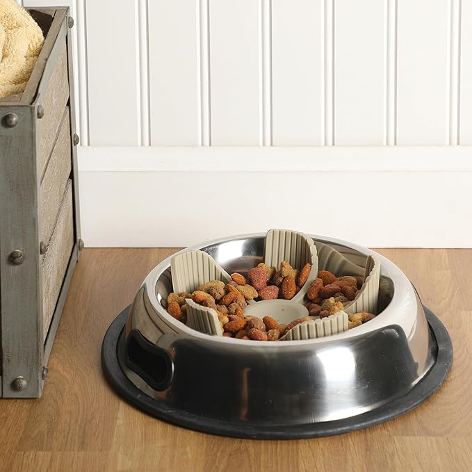 Gibson Home Curious Canines 7.5” Slow Feeder Dog Bowl Insert, Silicone Anti-Gulp Insert, Fits Stainless Steel & Standard Dog Bowls, Dishwasher Safe, Taupe