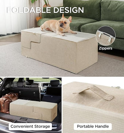 Made4Pets Dog Steps for Bed, Extra Wide Dog Stairs for High Bed Couch Sofa, 35D Foam Pet Steps for Small Dogs and Cats(Up to 40lbs), Non-Slip Bottom Pet Stairs, Beige, 4 Steps