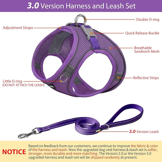 AIITLE Step in Dog Harness and Leash Set - No Pull Escape Proof Vest Harnesses with Soft Mesh and Reflective Bands, Adjustable Pet Outdoor Harnesses for Small and Medium Dogs Pure Purple M