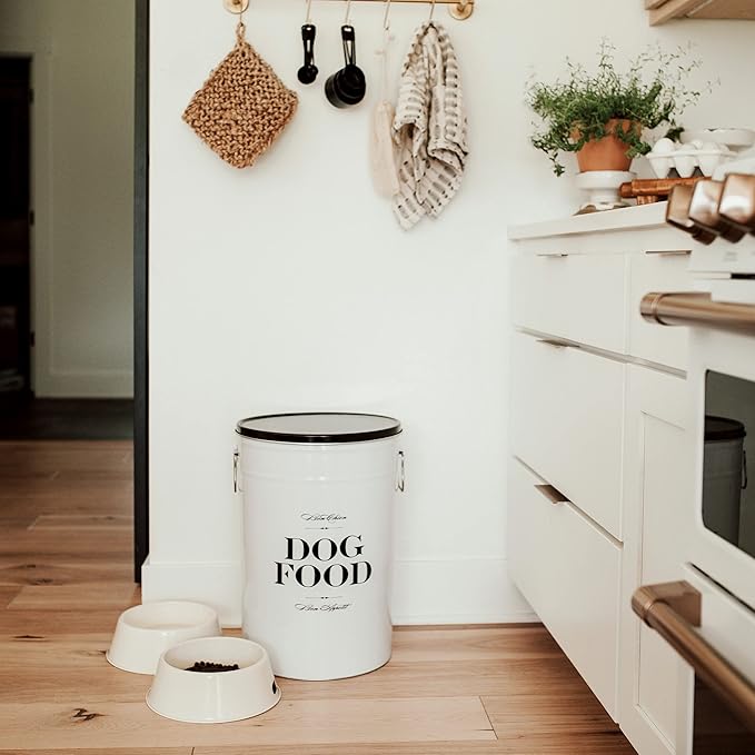 Harry Barker Bon Chien Dog Food Storage Canister – Medium 6.5 gallons, Airtight Stainless Steel Pet Food Container, Stylish Kitchen Counter Dog Kibble Storage with Easy-Open Lid - White