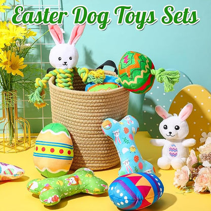 10 Pcs Easter Dog Toys with Squeaker, Includes 4 Plush Bone 2 Rope Toys for Dogs 2 Easter Egg 1 Plush Bunny & Chick for Puppy/Small/Medium/Large Breeds Holiday Pet Gift