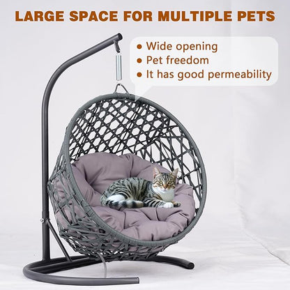 Cat Egg Chair with Stand & Cushion, Cat Swing Bed with Rattan Wicker Appearance, Hanging Chair for Indoor Cats Pet Kitten Puppy Small Dogs (Grey, 19.30 Inch)