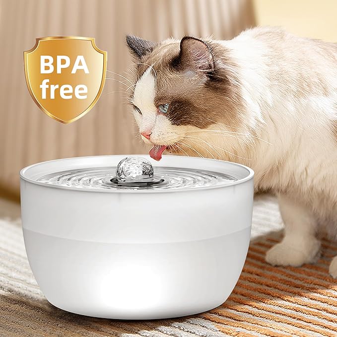 Casfuy W8 Stainless Steel Dog & Cat Water Fountain with LED Light, White, 102-fl oz