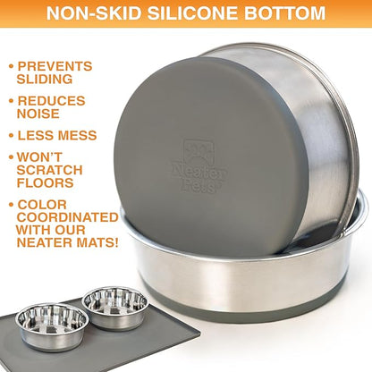 Neater Pet Brands Stainless Steel Dog Bowls with Non-Slip Rubber Bottom – 3 Cup (24 oz), Gray - Set of 2 Heavy Duty Metal Dog Bowls, Dishwasher Safe, Food or Water Bowl, Ideal for Small to Medium Dogs