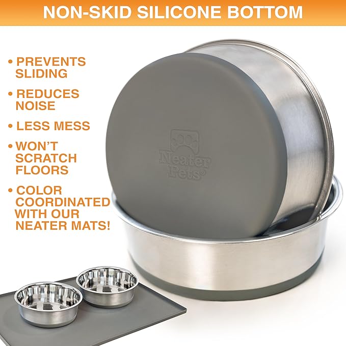 Neater Pet Brands Stainless Steel Dog Bowls with Non-Slip Rubber Bottom – 2 Cup (16 oz), Gray - Set of 2 Heavy Duty Metal Dog Bowls, Dishwasher Safe, Food or Water Bowl, Ideal for Small Dogs & Cats