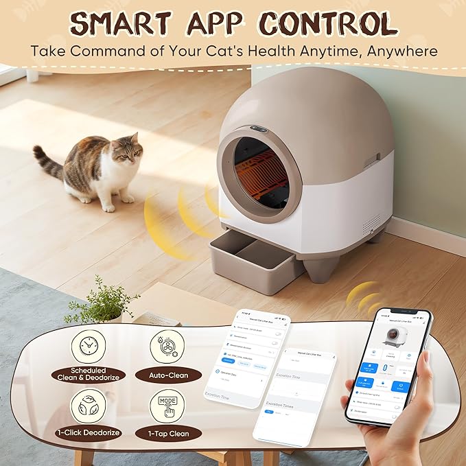 GUNJI Automatic Self-Cleaning Litter Box, 90L Large Capacity for Multiple Cats - APP Controlled with Safety Protection, Included Litter Mat & 1 Roll Garbage Bags (Brown)