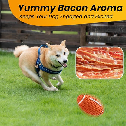 Squeaky Dog Toy, Bacon Flavored Rubber Dog Ball for Aggressive Chewers, Floating Fetch Outdoor Dog Football, Durable and Interactive Dog Toy for Medium Large Dogs, Orange, Large