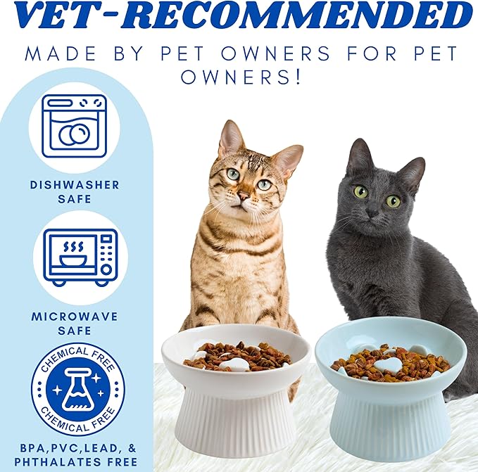 2 Pack Ceramic Slow Feeder Cat Bowl, Raised Puzzle Feeder, Anti-Vomiting, Elevated Food Bowl, Whisker Friendly (White, Blue)