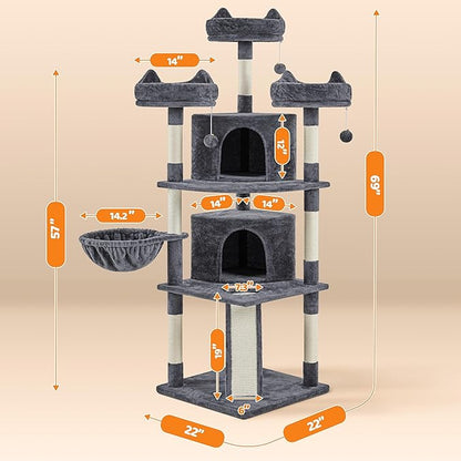 Yaheetech | 68.5in Cat Tree | for Large Cats | Multi-Level Cat Tower with 3 Wide Perches, Large Condo | Stable Pet Play House w/Sisal-Covered Scratching Posts & Board | Dark Gray