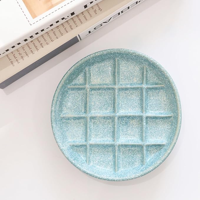 Ceramic Slow Feeder Cat Bowls 6 Inch Shallow Whisker Friendly Cat Food Bowls Grid Cat Dishes Pet Plate for Cat and Puppy, Dishwasher Safe (Blue)