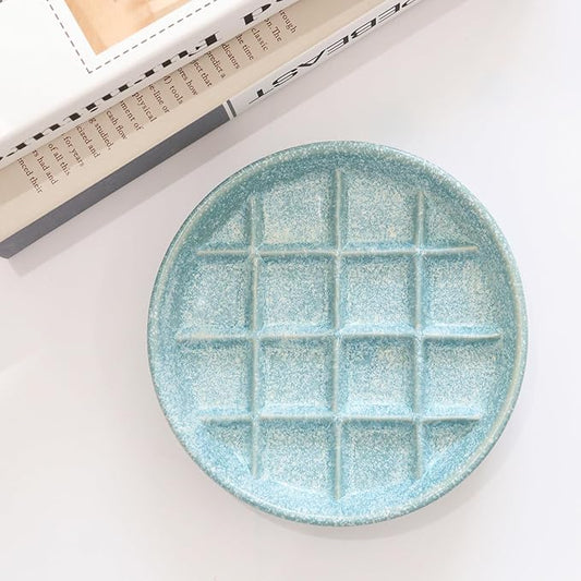 Ceramic Slow Feeder Cat Bowls 6 Inch Shallow Whisker Friendly Cat Food Bowls Grid Cat Dishes Pet Plate for Cat and Puppy, Dishwasher Safe (Blue)