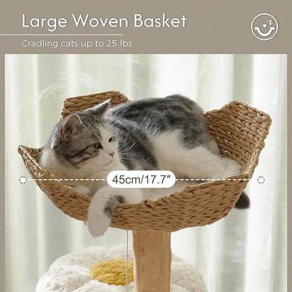 Moewrista Modern Cat Tree with Hammock 48.5 Inches Cat Tower with Scratching Post,Featuring Real Wood Post,Large Rattan Basket, Spacious Flower Perch and Condo for Indoor Cat Large Adults-Beige