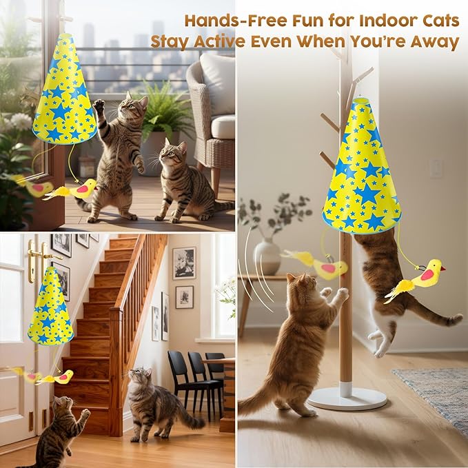 Interactive Cat Toy for Indoor Cats: 2 in1 Automatic Hide and Seek Moving Concealed Flying Bird Wand Feather with Chirping Bird Squeaky, Hanging Rechargeable Exercise Cat Toy for Kittens and Adult Cat
