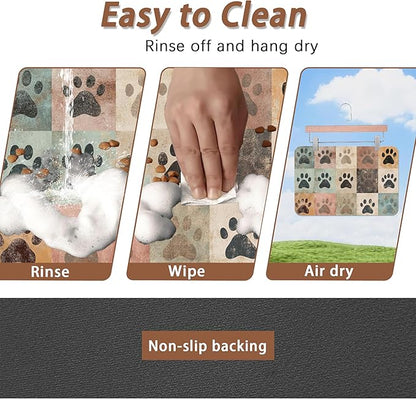 Cute Cat Paw Print Dog Food Mat for Floors,Vintage Absorbent Pet Food and Water Bowl Mats,Non-Slip Pet Feeding Mat,Pet Supplies 12" x 20"