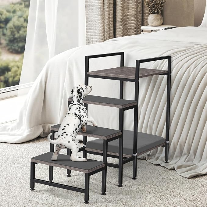 Pet Window Perch with Stairs, Grey Dog Window Perch with Stairs, 4 Steps Dog Bunk Beds with Stairs, Pet Stairs for High Beds with Cushion for Medium Small Sized Pets
