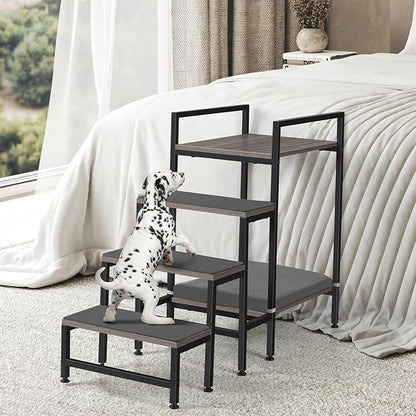 Pet Window Perch with Stairs, Grey Dog Window Perch with Stairs, 4 Steps Dog Bunk Beds with Stairs, Pet Stairs for High Beds with Cushion for Medium Small Sized Pets