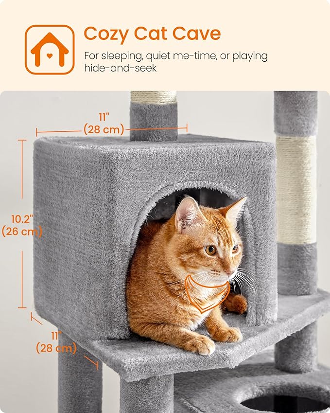 Feandrea Cat Tree, 59.5-Inch Tall Cat Tower, Plush Multi-Level Condo with 5 Scratching Posts, 2 Perches, 2 Caves, Hammock, 2 Pompoms, Light Gray UPCT192W01
