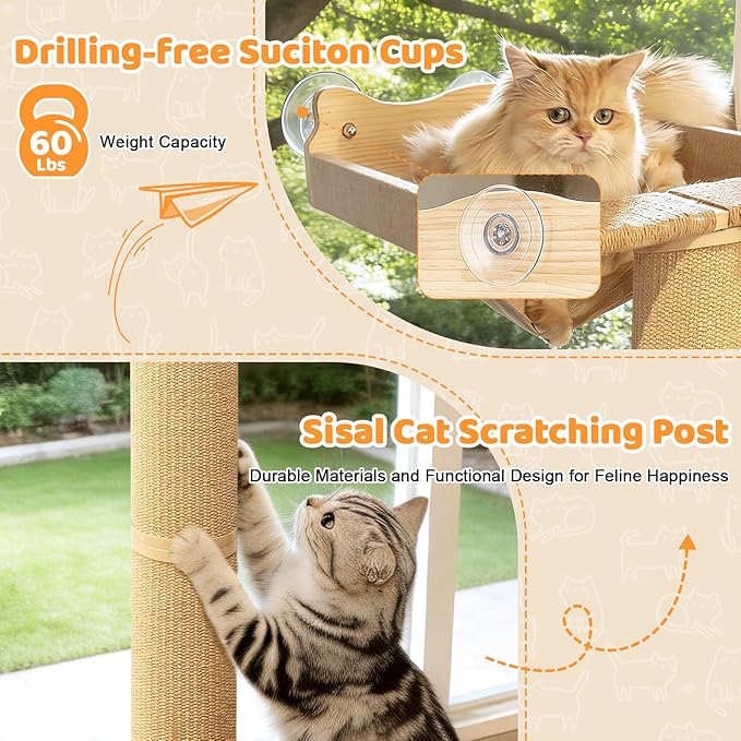 54.3" Cat Window Perch with 3 Adjustable Roman Column Sisal Scratching Posts, Drill-Free Suction Cups, Multi-Level Perch for Climbing & Bird Watching, 60 lbs Capacity