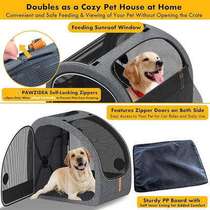 PAWZIDEA Portable Dog Crate for Car Travel, Collapsible Pet Travel Crates for Medium & Large Dogs, Enclosed Soft-Sided Car Kennel Carrier for Backseat, Secures w/Seatbelt & Headrest Strap, Chew-Proof