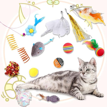 42 Pcs Cat Toys, Interactive Kitten Toy for Indoor Cats, Variety Small Balls and Launcher, Feather and Teaser Wand Toy, Crinkle Balls Springs Mouse Toys for Cat, Puppy, Kitty