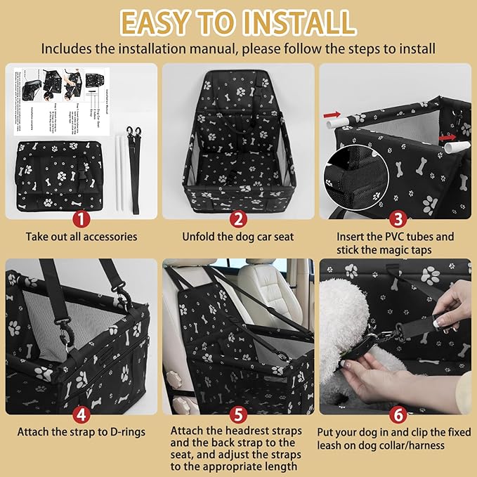 PetsHome Dog Car Seat, Foldable Dog Car Booster Seat Waterproof Breathable Oxford Travel Bag for Small to Medium Dogs, Puppies, and Pets-Pattern Black