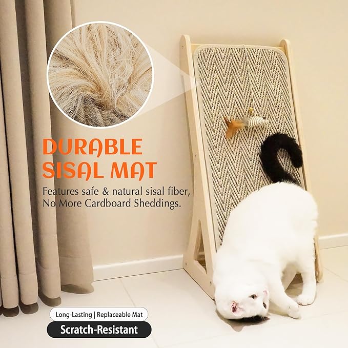 PETKARAY Cat Scratcher, Sisal Scratching Ramp, L Shape Scratch Pad for Indoor Cats, 27" Wall Furniture Protector with Mouse Toy