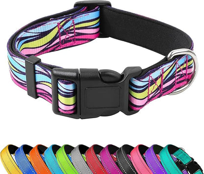 Reflective Dog Collar, Adjustable Soft Neoprene Padded Nylon Pet Collars with Buckle for Puppy and Small Dogs, Cats, Colorful Wave Pattern,S