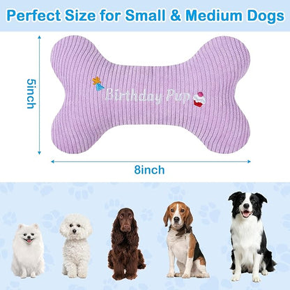 2026 Birthday Squeaky Dog Toys, Embroidered Bone Shape Purple Corduroy Pet Pillow 8"x5", Soft Cotton Filled Cute Fun Dog Chew Puzzle Toy Birthday Gifts for Small Medium Dogs(Birthday Pup)