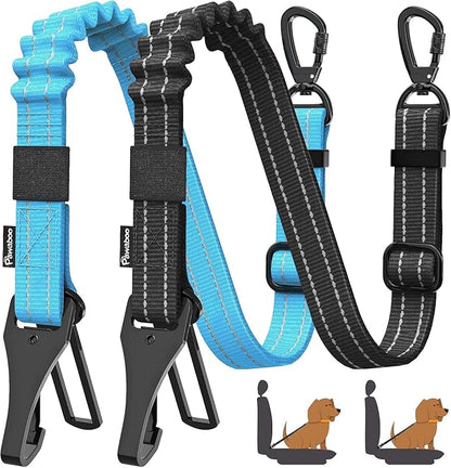 Pawaboo 2Pack 3-in-1 Dog Seatbelt for Car, Shockproof Bungee Dog Tether with 360° Lockable Buckle & Hook Latch, Adjustable Reflective Pet Safety Harness Leash for Vehicle, Black+Blue
