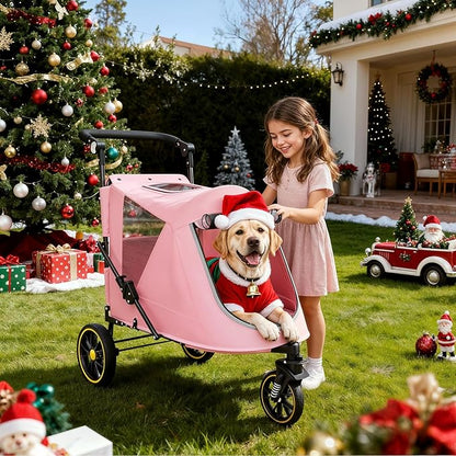 MoNiBloom Pet Stroller for Large Dogs or Multiple Dogs Cats with Adjustable Handle, 3-Wheels Dual Entry Portable Dog Carting Easy Folding Pet Wagon Double Dog Stroller up to 55 lbs, Pink
