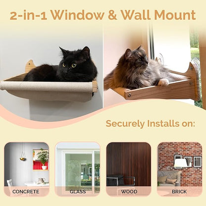 4-in-1 Window & Wall Mount Cat Wall Shelves – Hammock, Scratching Post & Perch | Fits up to 40 lbs | Space-Saving Pet Furniture for Windows, Glass & Drywall | Modern Wood Cat Shelf Set