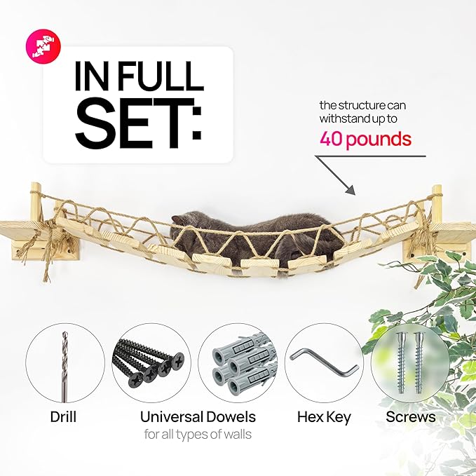Wall-Mounted Roped Bridge, Shelves and Perches for Wall, Cloud Shelf Board, Cat Hammock, Cat Climber, Length 46 inches (Natural)