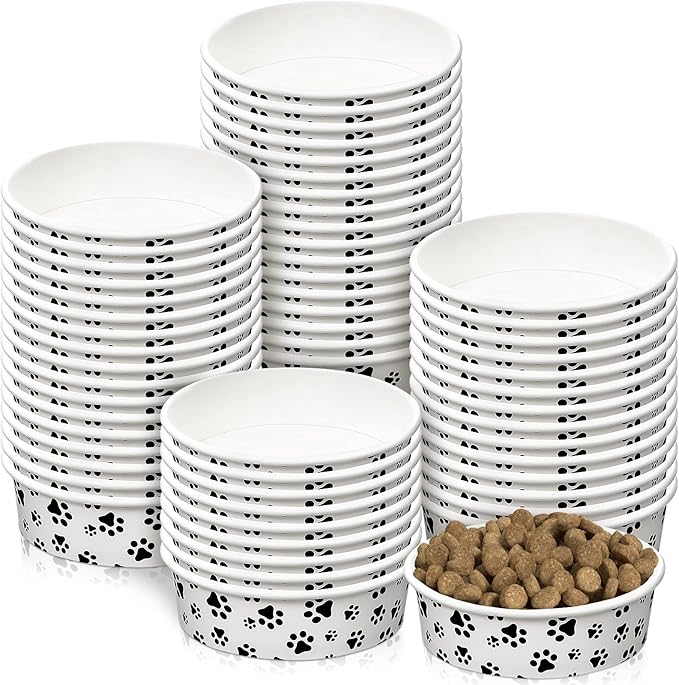 60 Pieces Disposable Paper Dog Bowls Small Dog Dishes with Cute Pattern Pet Feeding Bowls Food and Water Dishes for Puppies Cats Travel Wet Dry Food Water(16 oz)