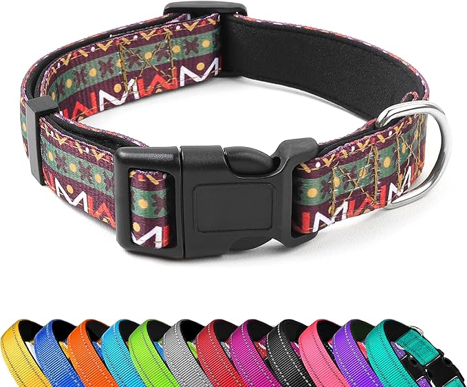 Reflective Dog Collar, Adjustable Soft Neoprene Padded Nylon Pet Collars with Buckle for Puppy and Small Dogs, Cats, Retro Geometric Flowers,S