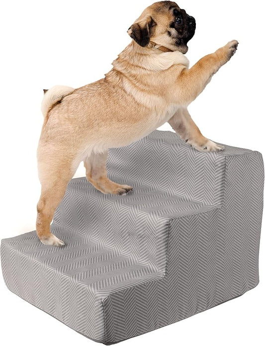 Dog Stairs for Small Dogs - 3-Step Dog Steps for High Bed and Couch - Pet Stairs with Nonslip Bottom, High-Density Foam, and Removable Washable Cover - Cat and Dog Furniture by PETMAKER (Light Gray)