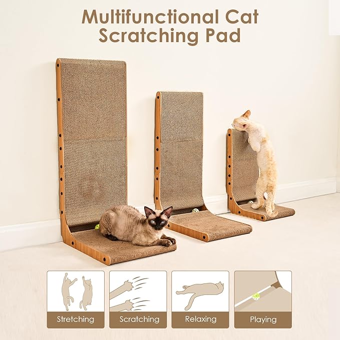 EHEYCIGA Cardboard Cat Scratcher for Indoor Cats, 26.8 Inch L Shaped Vertical Cat Scratching Board with Ball Cat Toy, Large Cat Scratcher Pad, Brown (Pack of 2)