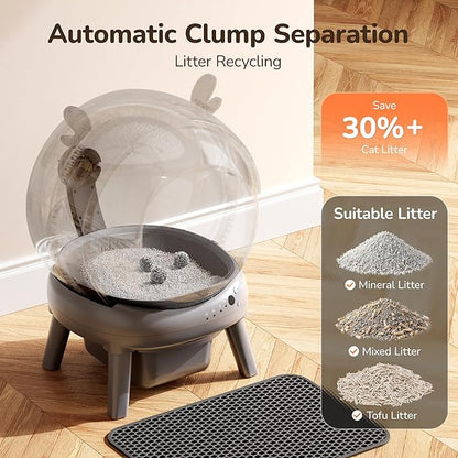 Automatic Self Cleaning Litter Box, Cat Litter Box with APP Control, 65L Globe & Dual Safety Sensors, Robot Litter Box, 1 Roll Garbage Bags and Litter Mat, <35DB, for Multiple Cats, Grey