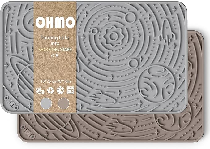 OHMO Lick Mat for Dogs & Cats, (Ash+Beige, 2pcs, 9.8"×5.9") Galaxy Design Slow Feeder with Suction Cups, Keep Them Busy & Anxiety Relief, Easy Clean Enrichment Accessories