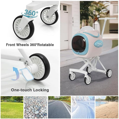 4 in 1 Foldable Pet Stroller with Detachable Carrier for Small Dogs & Cats, Space Capsule Travel Stroller with Inbuilt Fan,Temperature Display & Night Light,Puppy Kitty Doggie Bunny Stroller(Pink)