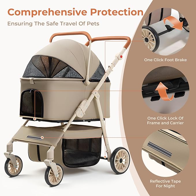 Dog Cat Stroller for Small/Medium Pets up to 55 Lbs, 3-in-1 Foldable Pet Stroller with Detachable Carrier, 4 Wheels, Adjustable Height, Single Foot Brake, Pet Strollers for Travel Outdoor (Khaki