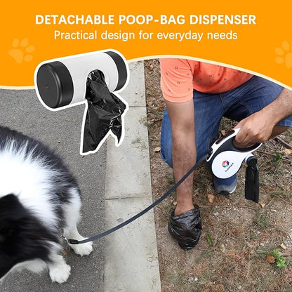 ILOMAX 360° Tangle-Free Retractable Dog Leash Built-in Waste Bag Dispenser Under Handle 2 Rolls Poop Bags Included Heavy Duty Tape Leash for Dogs up to 30kg Carry Pouch Included.16ft (White, L)