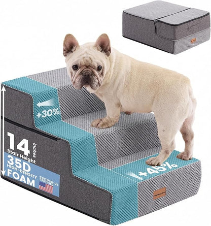 Gardner Pet Dog Stairs for Small Dogs 14" H, 3-Step Extra Wide Dog Steps for Bed, Pet Stairs for Bed and Couch with Durable Non-Slip Waterproof Fabric Cover and Soft Foam, Grey