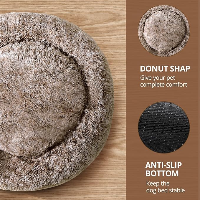 JOLLYVOGUE Calming Small Dog & Cat Bed for Indoor Cats - 20 inches Washable Donut Bed for Kittens & Puppies, Anti-Anxiety Round Fluffy Plush Pet Beds (Fits up to 15 lbs, Smoke Brown)